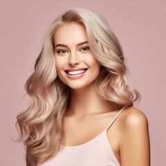 Fototapeta premium Smiling young woman with blonde long groomed hair isolated on pastel flat background with copy space. Blonde hair care products banner template, hair salon. 