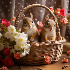 Two cute little squirrels in a wicker basket with flowers.