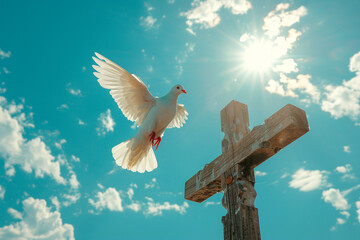 A Winged Dove, Emblem of the Holy Spirit, Soars Before the Cross, Against a Serene Blue Sky with Billowing Clouds, Illuminating the Christian Concept of Divine Presence and Guidance."