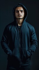Obraz premium Fit young man wearing stylish hoodie isolated on black background