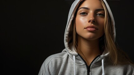 Fit young woman wearing stylish hoodie isolated on black background