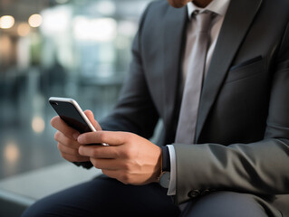 photo of businessman using smartphone, business casual, modern office, focus on hands and phone, zoomed in, commercial photography 