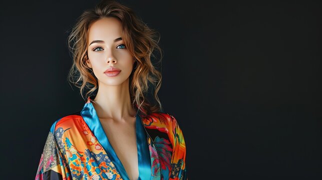 Fit young woman wearing stylish and colorful silk robe isolated on black background