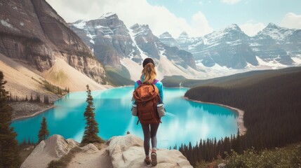 A цщman stands with her back and admires the view of  a lake and mountains. A traveler traveling on vacation in the most beautiful place in the world. Summer vacation - obrazy, fototapety, plakaty