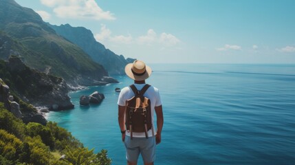 A man stands with her back and admires the view of the sea and mountains. A traveler traveling on vacation in the most beautiful place in the world. Summer vacation