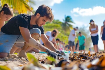 Volunteers participating in a beach clean-up event, focused on removing plastic waste to promote environmental conservation.