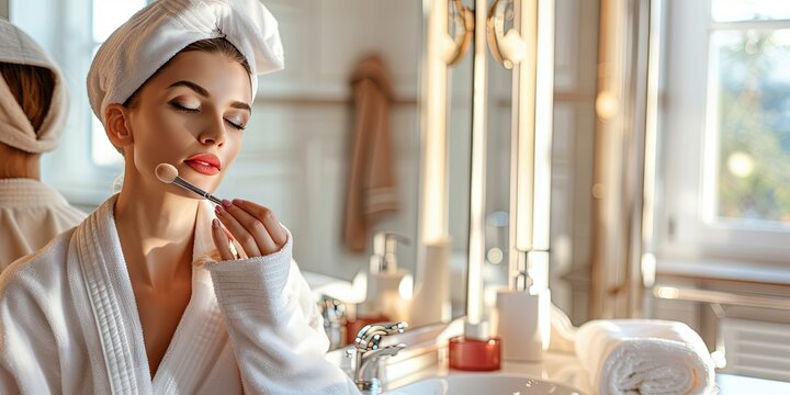 Woman applying makeup in bathroom