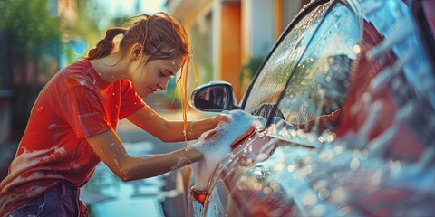 Young teenage girl washing car in the driveway of a house - obrazy, fototapety, plakaty