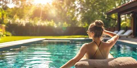 Woman sunbathing by the swimming pool in the backyard - obrazy, fototapety, plakaty