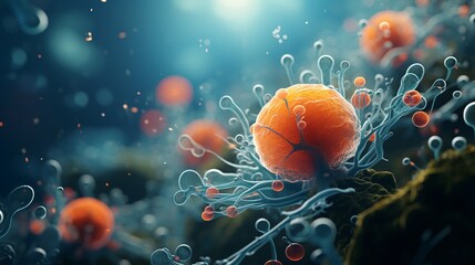 Acanthamoeba amoeba and zoomed neutrophils - obrazy, fototapety, plakaty
