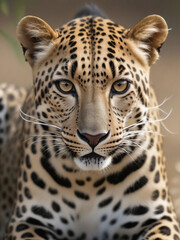 A leopard with black spots and white whiskers looks directly into the camera. ai generative