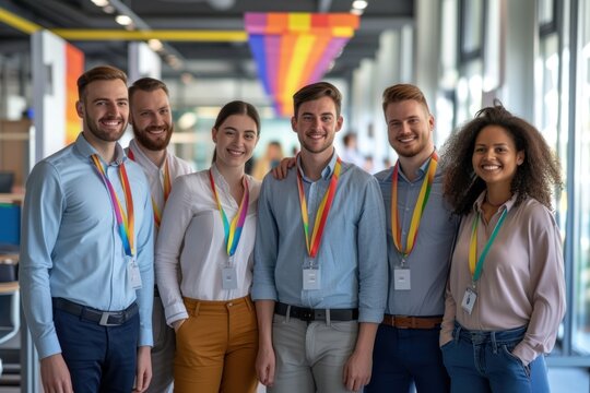 A diverse corporate team proudly wearing rainbow lanyards to support LGBTQ inclusivity in the workplace, showcasing a commitment to diversity and equality.
