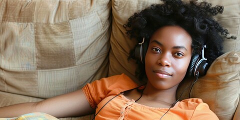 Woman laying on couch wearing headphones listening to podcast or music. lifestyle concept - obrazy, fototapety, plakaty