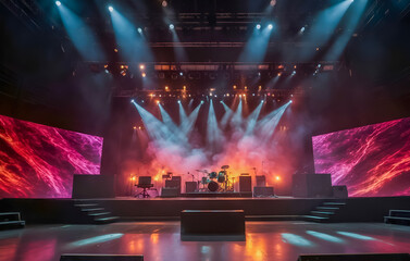An electrifying scene featuring an empty stage for a rock concert, for an epic and energetic performance. - obrazy, fototapety, plakaty
