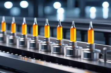 Rows of Glass Vials with Orange Caps on Conveyor Belt at Modern Pharmaceutical Factory. Vaccine Production Process. Medication Manufacturing Process. Medical Ampoule Production Line