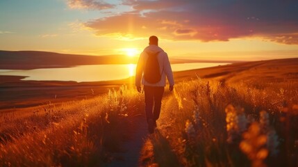 A traveler walking alone on a path at sunset, enjoying the freedom and beauty of being in the wild
 - obrazy, fototapety, plakaty
