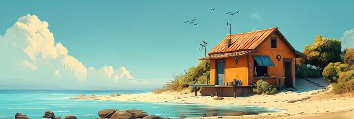 Beach house on the sandy ocean shore - obrazy, fototapety, plakaty