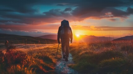 A traveler walking alone on a path at sunset, enjoying the freedom and beauty of being in the wild
 - obrazy, fototapety, plakaty