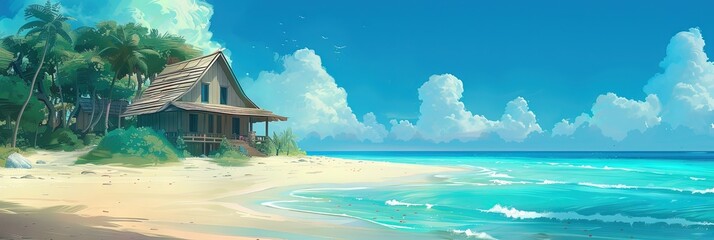 Beach house on the sandy ocean shore
