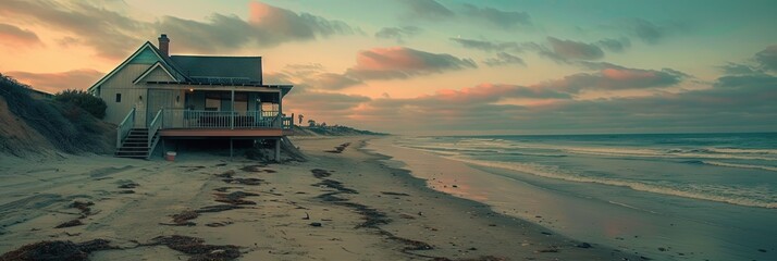 Beach house on the sandy ocean shore - Powered by Adobe