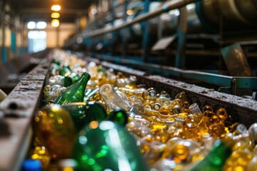 Conveyor belt in a glass recycling facility filled with assorted empty bottles, highlighting the industrial process of recycling. - obrazy, fototapety, plakaty