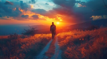 A lone traveler strolling along a path during sunset, relishing in the freedom and adventure of exploring untamed nature
