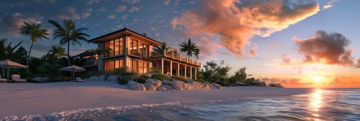 Beach house on the sandy beach next to the ocean shore at sunset