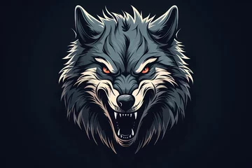 Fotobehang A powerful and intense wolf face logo illustration, capturing resilience and strength, standing out against a rugged and textured solid background © CREATER CENTER