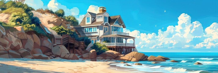 Beach house on the sandy beach next to the ocean shore with blue sky - obrazy, fototapety, plakaty
