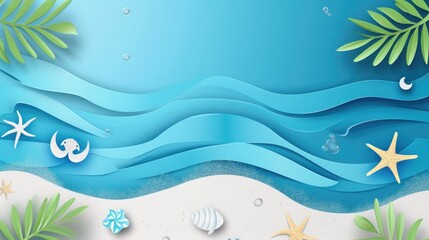 Blue sea and beach summer banner background with abstract ripple paper cut style