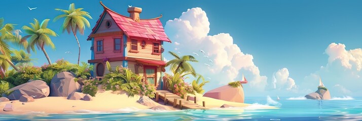 Beach house on the sandy beach next to the ocean shore with blue sky