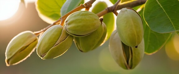 Dusk Delicacy Ripe Pistachios on a Branch in the Radiance of the Golden Hour