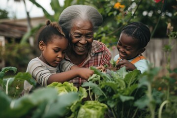 Joyful African American grandmother teaching her grandchildren how to garden, fostering a connection with nature and family bonding. - obrazy, fototapety, plakaty