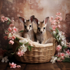Cute baby kangaroos in a wicker basket with flowers