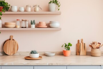Minimalist kitchen in soft pastel hues with floating shelves displaying ceramics and plants, embodying a modern and clean aesthetic.