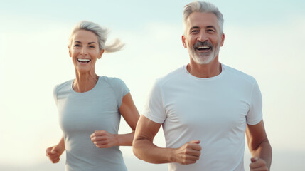 Happy middle-aged couple jogging outdoors