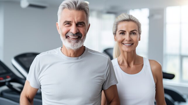Happy middle-aged couple posing in a fitness gym