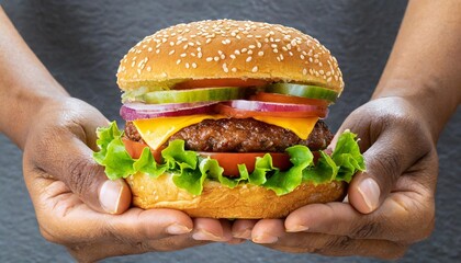 hands holding hamburger on transparent background png hand with tasty burger