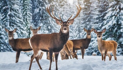 a noble deer male with female in the herd against the background of a beautiful winter snow forest artistic winter landscape christmas image