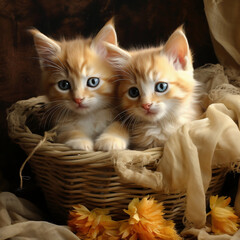 Fototapeta na wymiar Two cute little kittens in a basket with flowers on a dark background