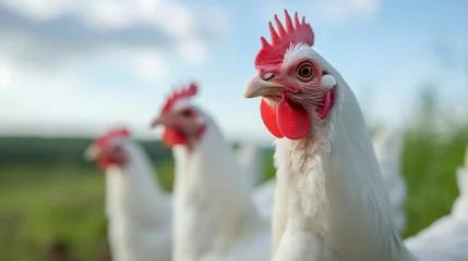 Fotobehang Close-up of a with a prominent red comb and wattles, standing in a sunlit outdoor setting, with other chickens blurred in the background. © PiBu Stock