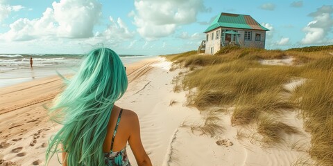 Young woman with green hair exploring the beach with beach house in the background