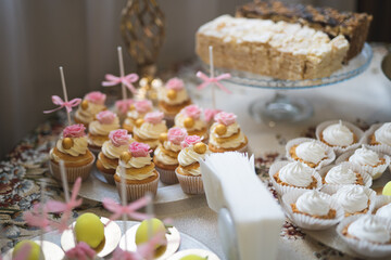 Delicious sweet cakes and desserts at the festive candy bar