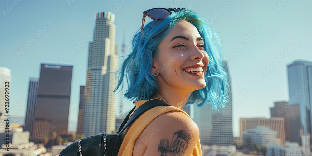 Wall mural Young woman with blue hair exploring the beach with beach house in the background