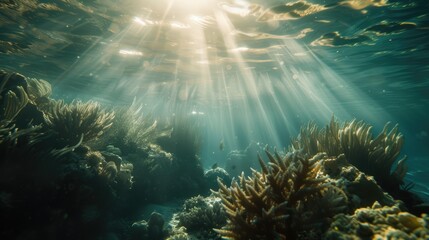 underwater world with corals and decent sunlight - obrazy, fototapety, plakaty