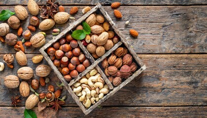 assorted raw nuts in a box on a wooden rustic background with copy space top view