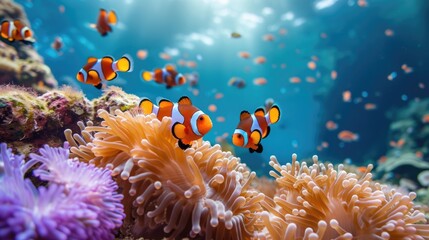 clownfish swimming in anemones - obrazy, fototapety, plakaty