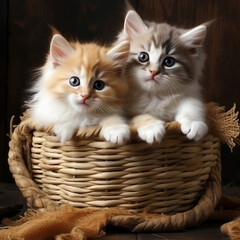 Two cute little kittens in a basket with flowers on a dark background