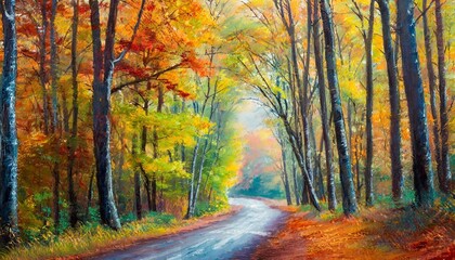 Naklejka na ściany i meble oil painting autumn landscape road in a colorful forest art wo