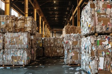 Paper recycling facility with large bales of compressed used paper ready for processing, showcasing industrial scale recycling efforts.